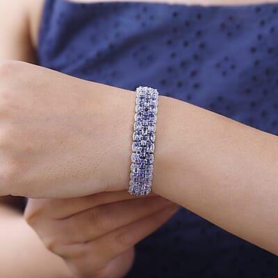 D'Joy Tanzanite and White Zircon 25.50 ctw Forget Me Not Garland Bracelet in Rhodium Over Sterling Silver (7.25 In)