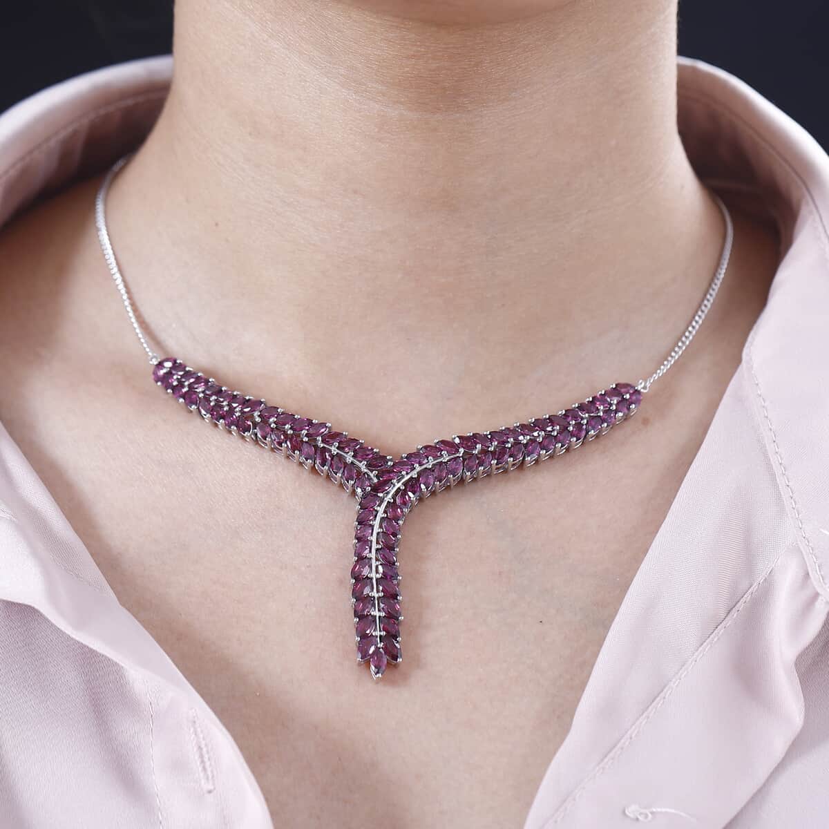 Orissa Rhodolite Garnet Flowers Fall Necklace 18-20 Inches in Rhodium Over Sterling Silver 16.50 ctw image number 2