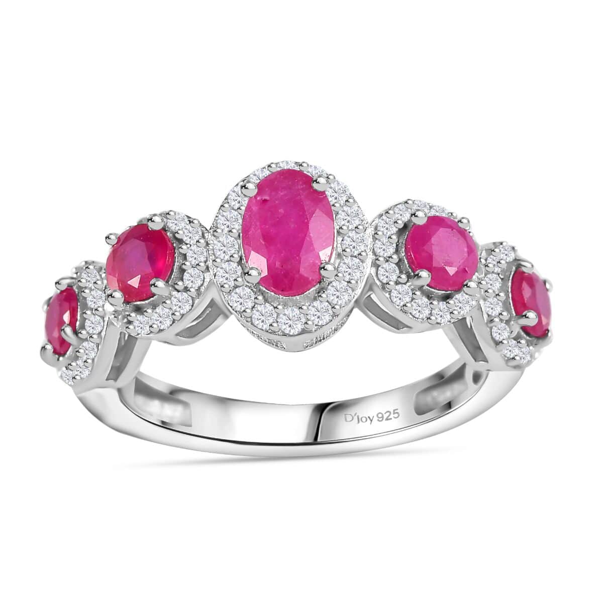 Montepuez Ruby, White Zircon Ring in rhodium Sterling Silver (Size 5.0) 1.80 ctw image number 0