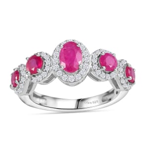Montepuez Ruby and White Zircon Art Deco Ring in Rhodium Over Sterling Silver (Size 5.0) 1.80 ctw