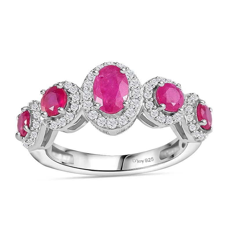 Montepuez Ruby and White Zircon Art Deco Ring in Rhodium Over Sterling Silver (Size 5.0) 1.80 ctw