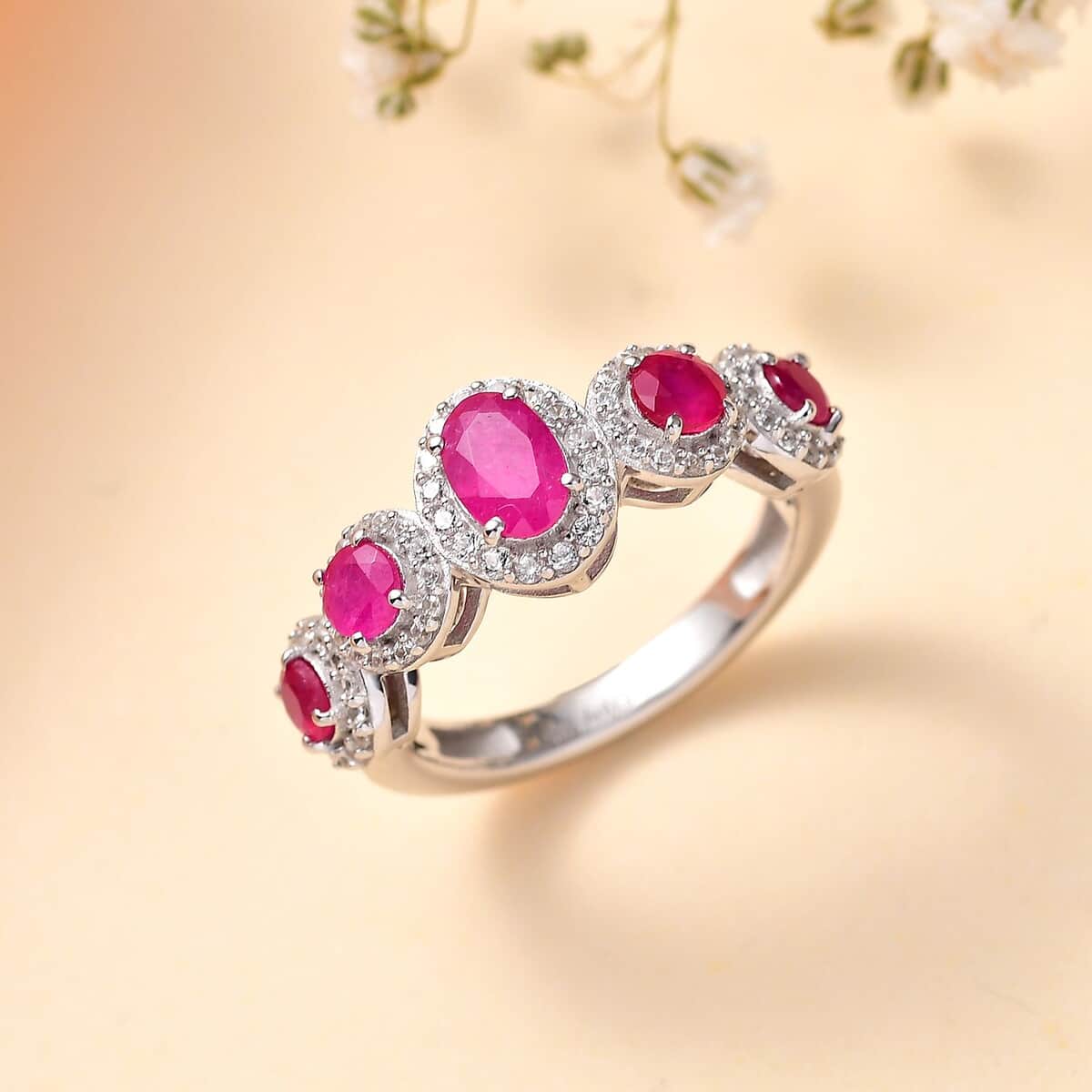 Montepuez Ruby, White Zircon Ring in rhodium Sterling Silver (Size 5.0) 1.80 ctw image number 1