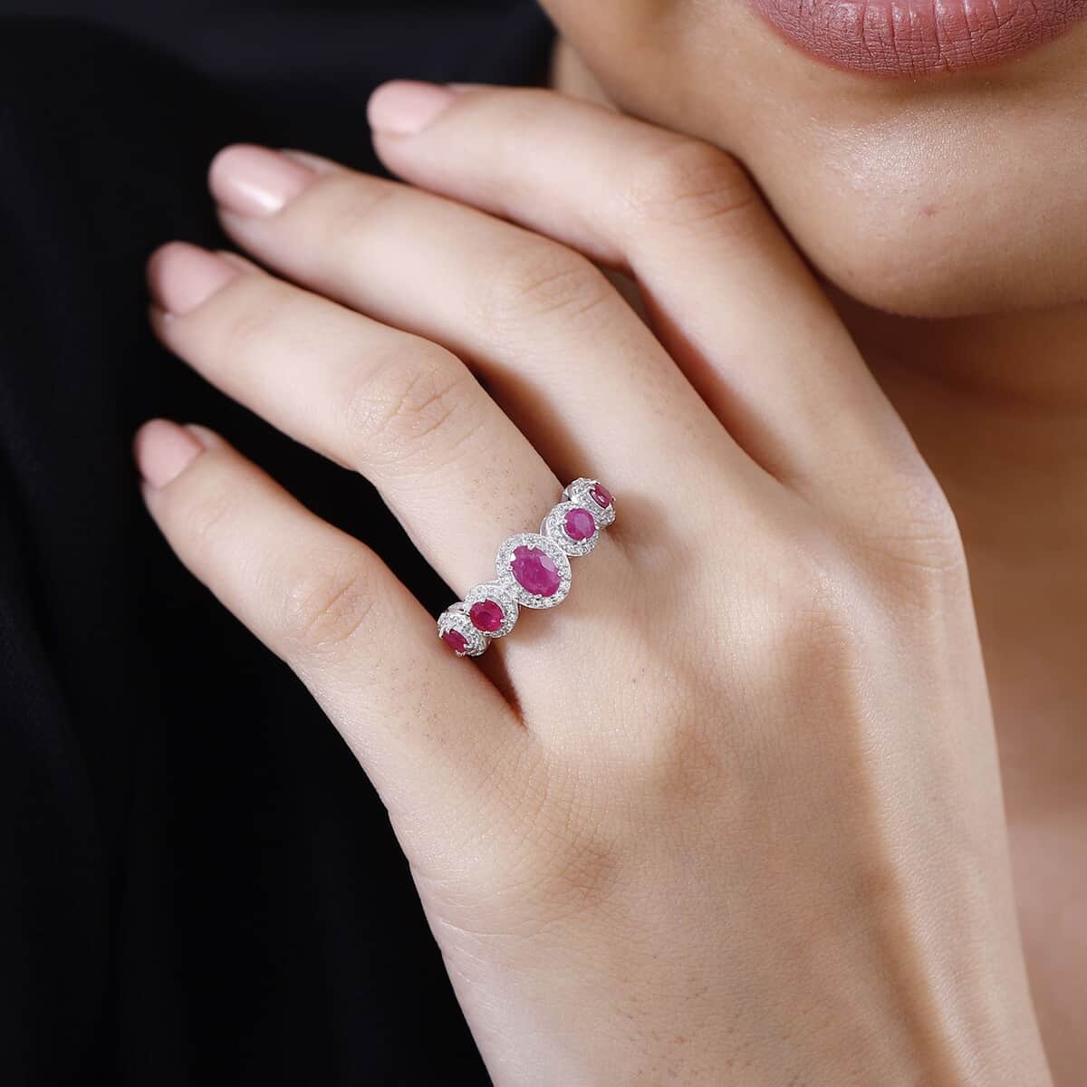 Montepuez Ruby, White Zircon Ring in rhodium Sterling Silver (Size 5.0) 1.80 ctw image number 2