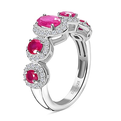 Montepuez Ruby and White Zircon Art Deco Ring in Rhodium Over Sterling Silver (Size 5.0) 1.80 ctw