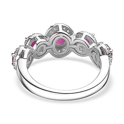 Montepuez Ruby and White Zircon Art Deco Ring in Rhodium Over Sterling Silver (Size 5.0) 1.80 ctw
