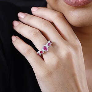 Montepuez Ruby and White Zircon Art Deco Ring in Rhodium Over Sterling Silver (Size 6.0) 1.80 ctw