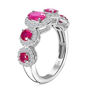 Montepuez Ruby and White Zircon Art Deco Ring in Rhodium Over Sterling Silver (Size 6.0) 1.80 ctw
