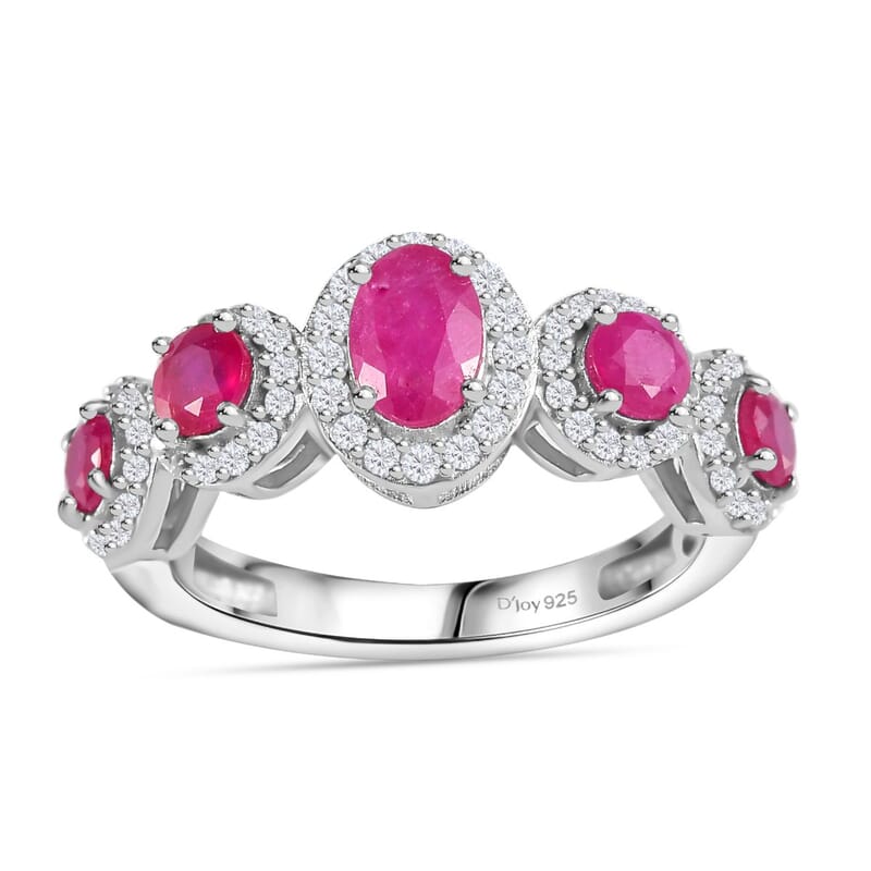 Montepuez Ruby and White Zircon Art Deco Ring in Rhodium Over Sterling Silver (Size 7.0) 1.80 ctw