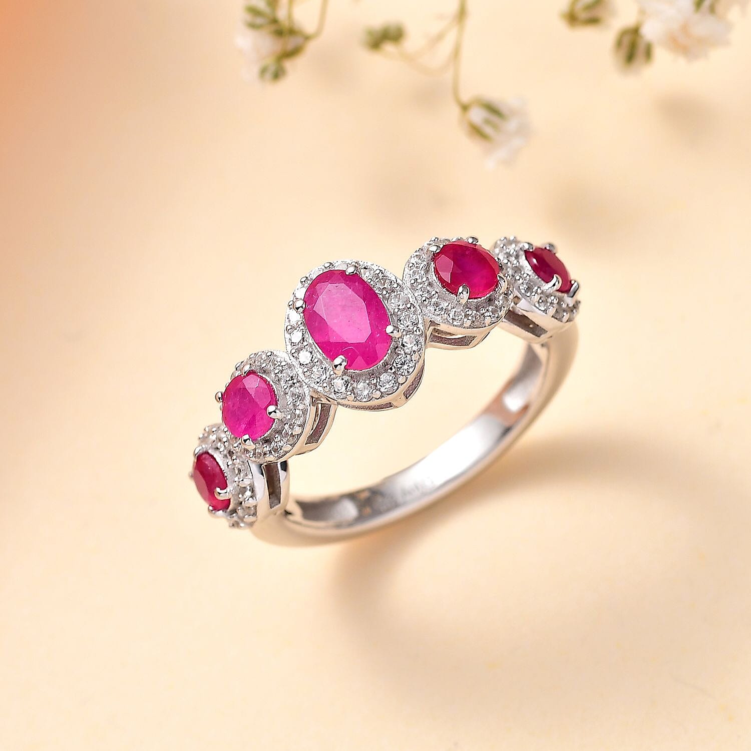 Montepuez Ruby, White Zircon Ring in rhodium Sterling Silver (Size 5.0) 1.80 ctw