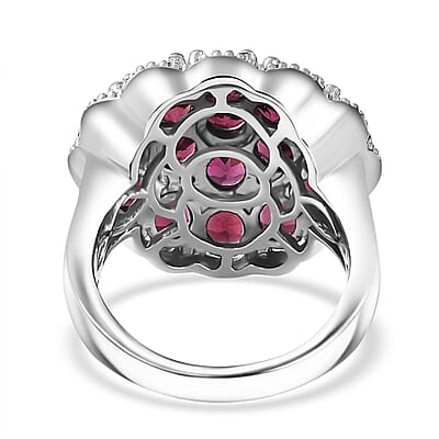 Orissa Rhodolite Garnet and Thai Black Spinel Mums Flower Ring in Rhodium Over Sterling Silver (Size 5.0) 4.65 ctw