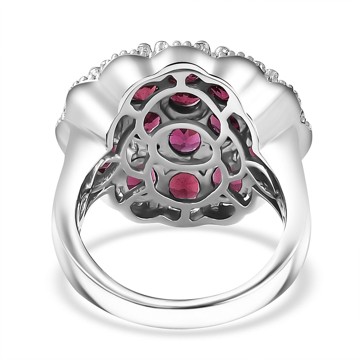 Orissa Rhodolite Garnet and Thai Black Spinel Mums Flower Ring in Rhodium Over Sterling Silver (Size 7.0) 6.10 ctw image number 4