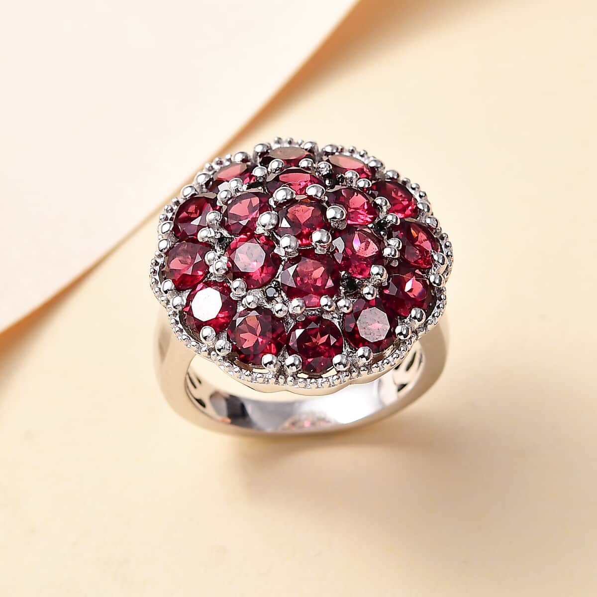 Orissa Rhodolite Garnet and Thai Black Spinel Mums Flower Ring in Rhodium Over Sterling Silver (Size 9.0) 6.10 ctw image number 1