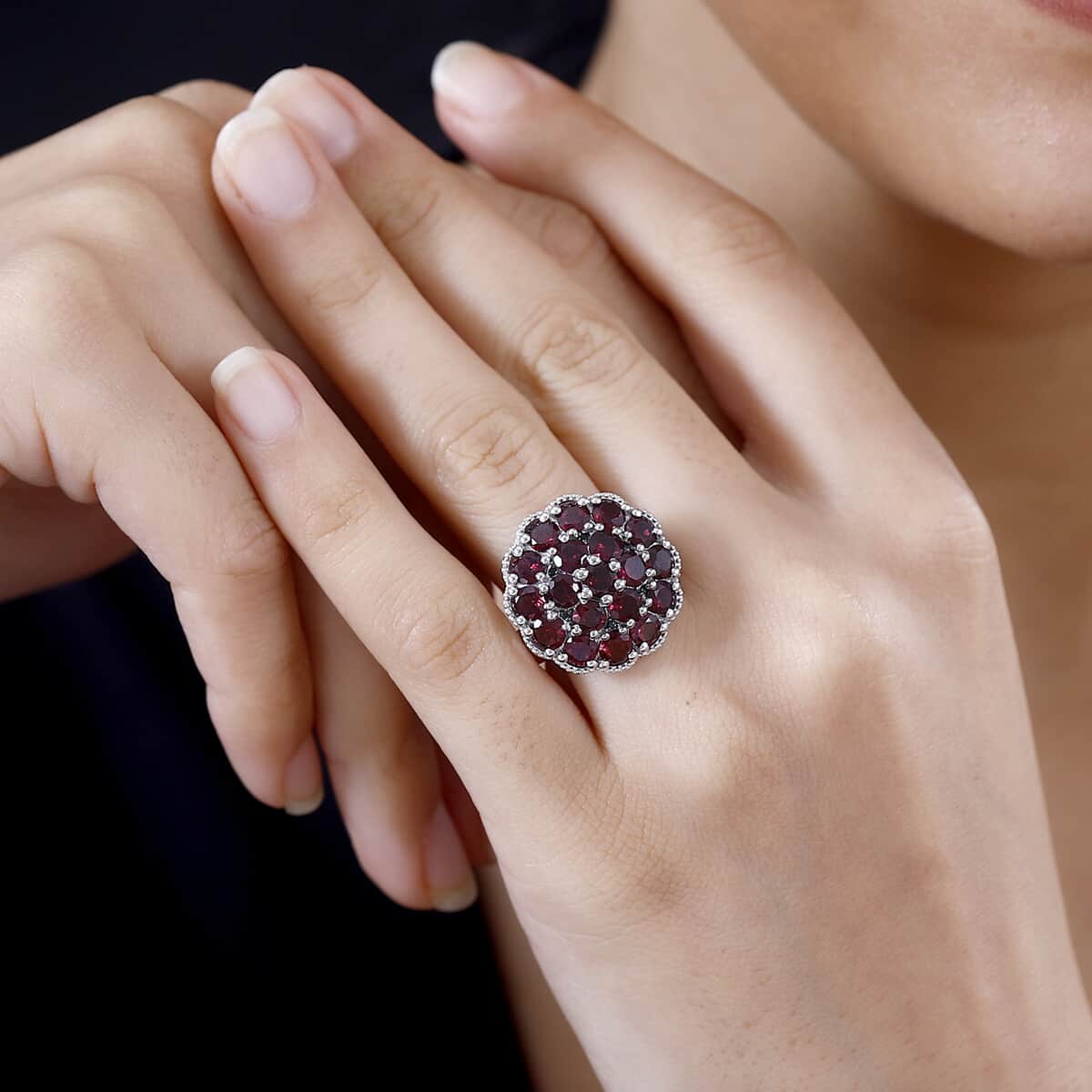 Orissa Rhodolite Garnet and Thai Black Spinel Mums Flower Ring in Rhodium Over Sterling Silver (Size 9.0) 6.10 ctw image number 2