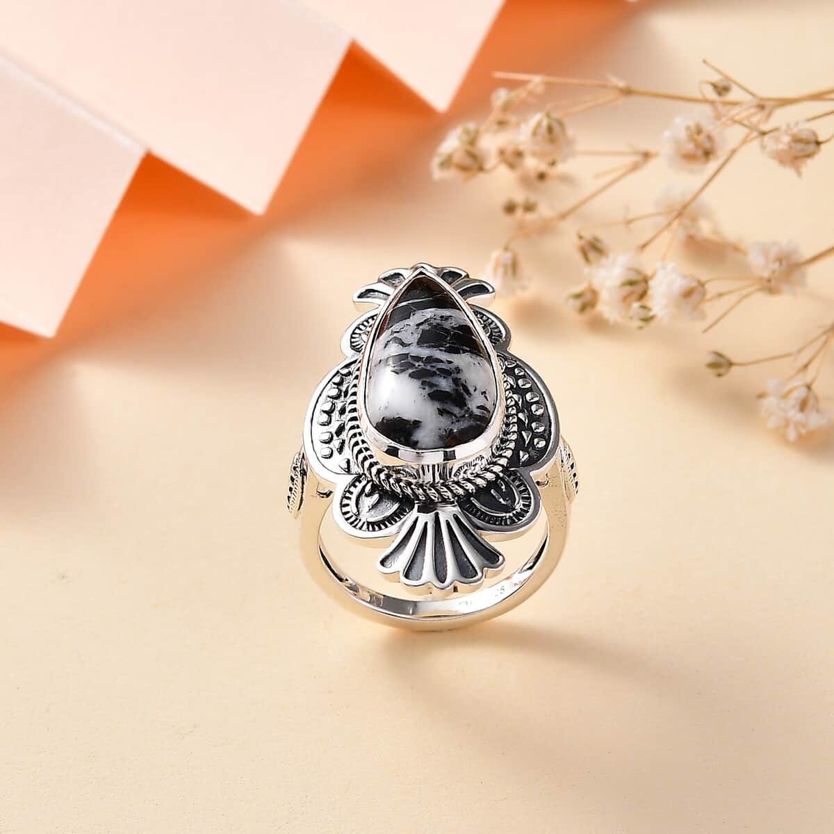 Artisan Crafted White Buffalo 8.25 ctw Ring in Black Oxidized Sterling Silver (Size 6.0) image number 1