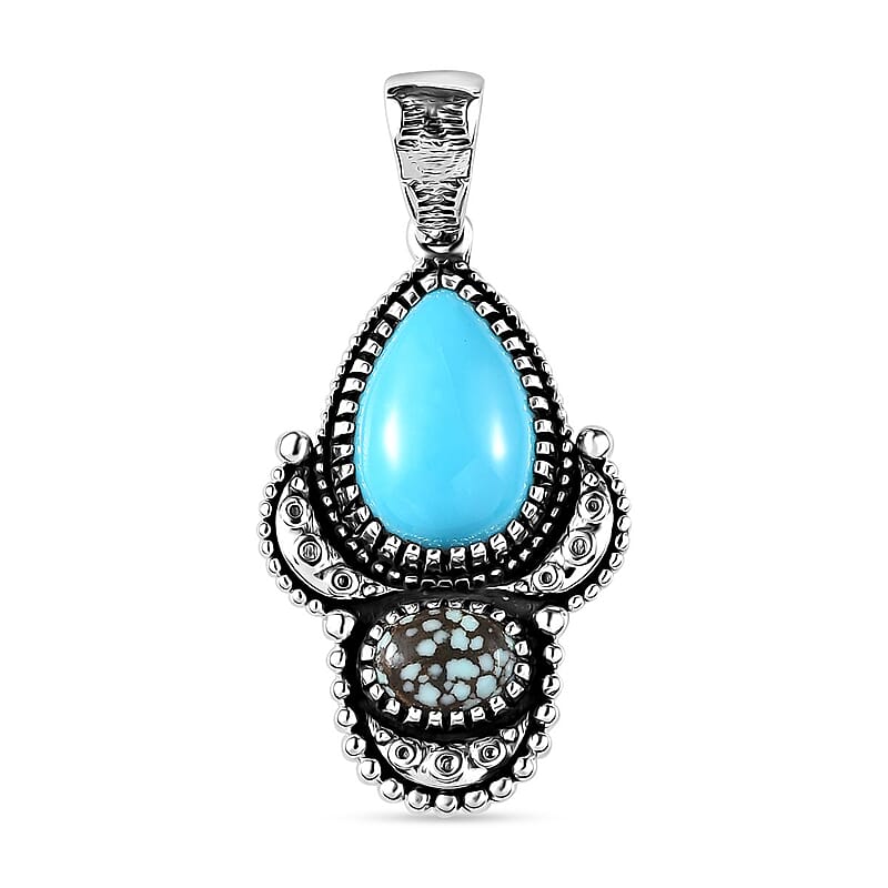 Artisan Crafted Sleeping Beauty Turquoise and Blue Moon Turquoise Pendant without Chain in Sterling Silver 4.40 ctw