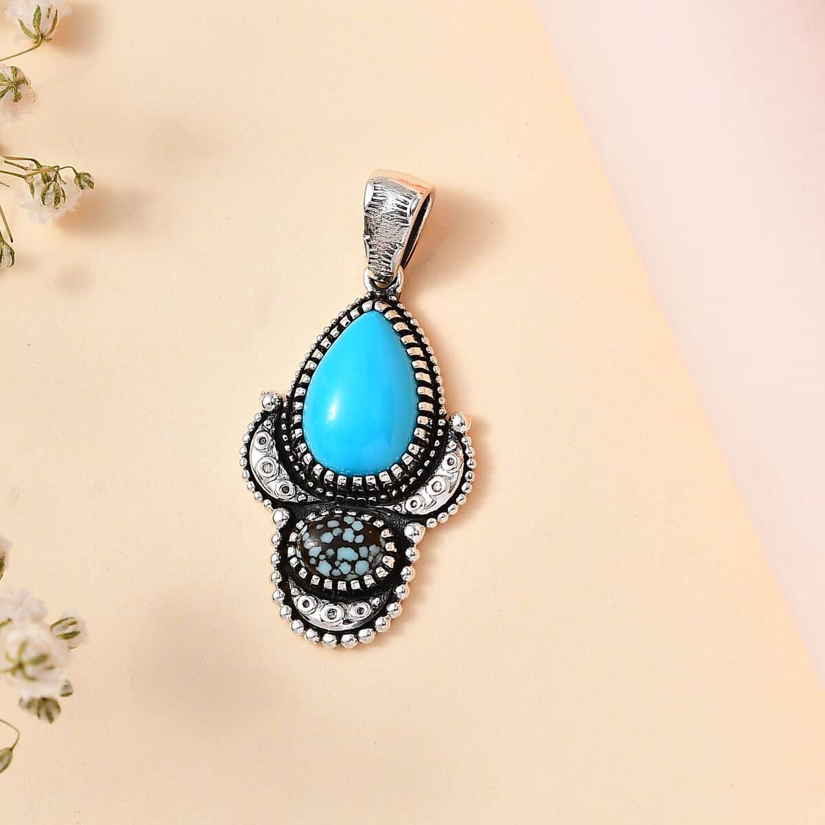 Artisan Crafted Sleeping Beauty Turquoise and Blue Moon Turquoise Pendant in Sterling Silver 4.40 ctw image number 1