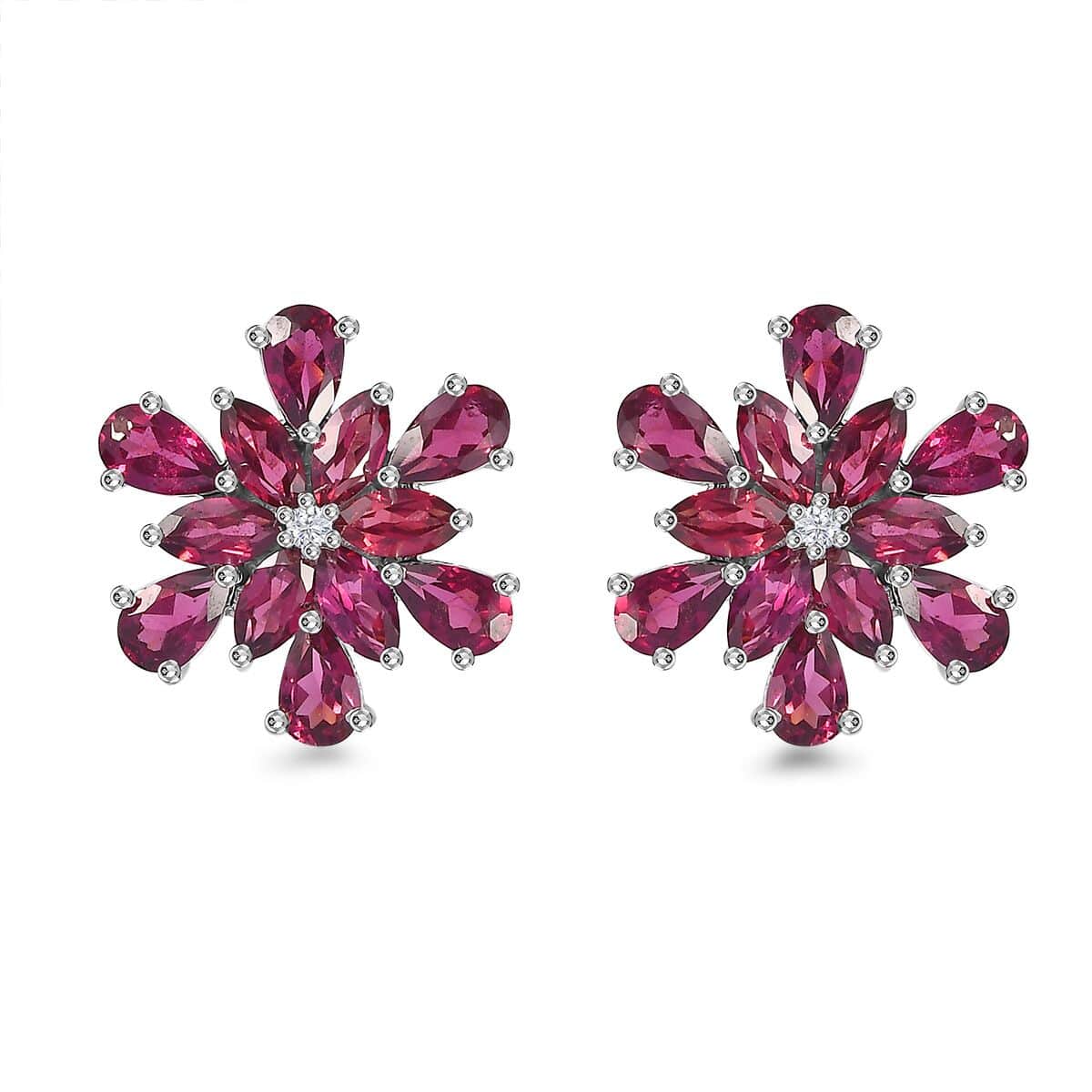 Orissa Rhodolite Garnet and White Zircon Petunia Flower Earrings in Rhodium Over Sterling Silver 5.65 ctw image number 0