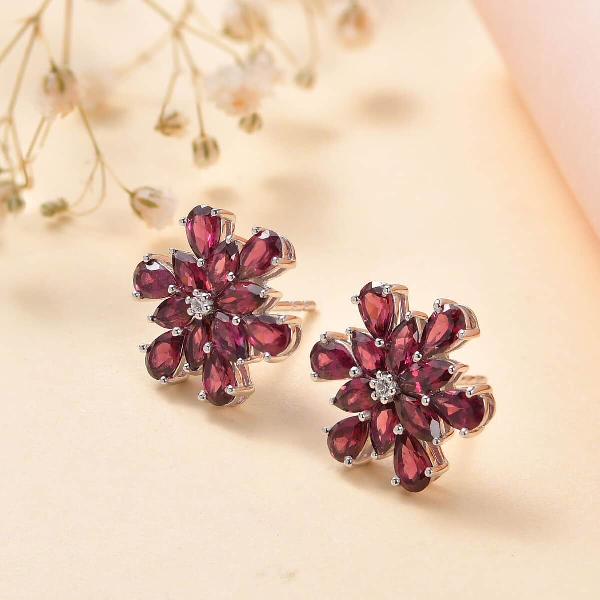 Orissa Rhodolite Garnet and White Zircon Petunia Flower Earrings in Rhodium Over Sterling Silver 5.65 ctw image number 1