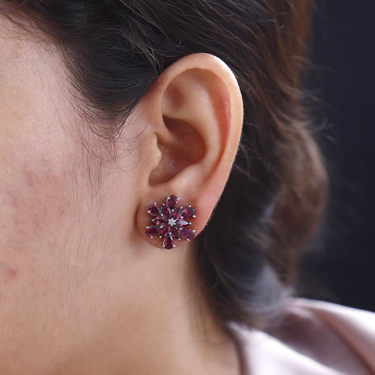 Orissa Rhodolite Garnet and White Zircon Petunia Flower Earrings in Rhodium Over Sterling Silver 5.65 ctw image number 2