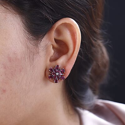 Orissa Rhodolite Garnet and White Zircon Petunia Flower Earrings in Rhodium Over Sterling Silver 5.65 ctw