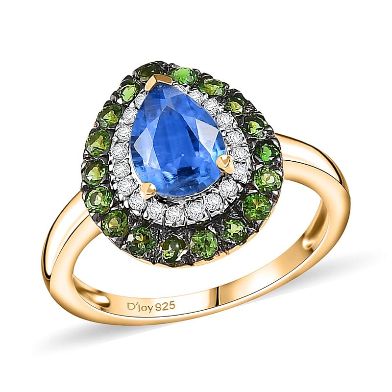 Kashmir Kyanite and Multi Gemstone 2.00 ctw Double Halo Ring in 18K Vermeil Yellow Gold Over Sterling Silver (Size 6.0)