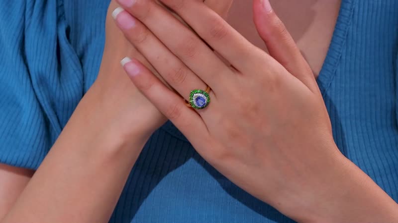 Kashmir Kyanite, Multi Gemstone Double Halo Ring in 18K Vermeil YG Over Sterling Silver (Size 6.0) 2.00 ctw
