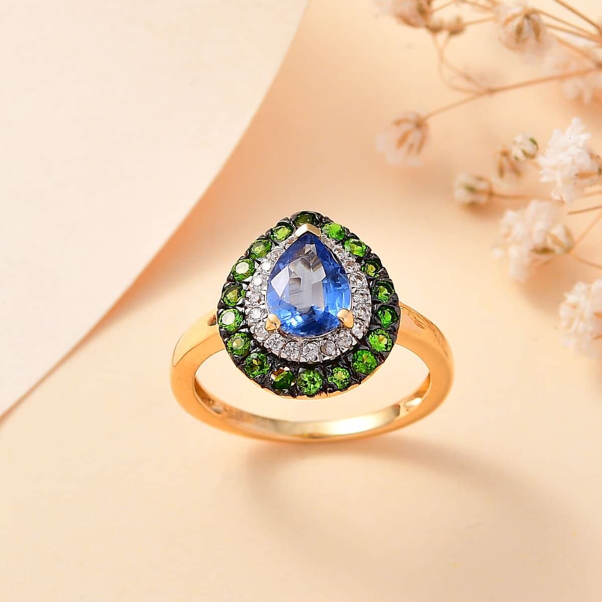 Kashmir Kyanite and Multi Gemstone 2.00 ctw Double Halo Ring in 18K Vermeil Yellow Gold Over Sterling Silver (Size 6.0) image number 1