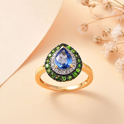 Kashmir Kyanite and Multi Gemstone 2.00 ctw Double Halo Ring in 18K Vermeil Yellow Gold Over Sterling Silver (Size 6.0)