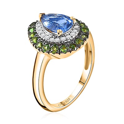 Kashmir Kyanite and Multi Gemstone 2.00 ctw Double Halo Ring in 18K Vermeil Yellow Gold Over Sterling Silver (Size 6.0)