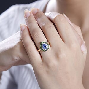 D'Joy Kashmir Kyanite and Multi Gemstone 2.00 ctw Double Halo Ring in 18K Vermeil Yellow Gold Over Sterling Silver (Size 7.0)