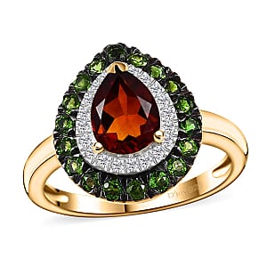 Brazilian Cherry Citrine and Multi Gemstone 1.70 ctw Double Halo Ring in 18K Vermeil Yellow Gold Over Sterling Silver (Size 7.0)