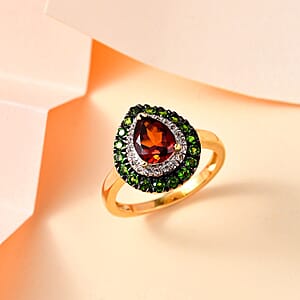 Brazilian Cherry Citrine and Multi Gemstone 1.70 ctw Double Halo Ring in 18K Vermeil Yellow Gold Over Sterling Silver (Size 7.0)