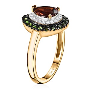 Brazilian Cherry Citrine and Multi Gemstone 1.70 ctw Double Halo Ring in 18K Vermeil Yellow Gold Over Sterling Silver (Size 7.0)