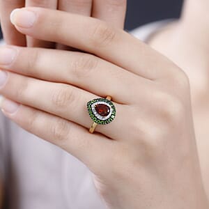 D'Joy Brazilian Cherry Citrine and Multi Gemstone 1.70 ctw Double Halo Ring in 18K Vermeil Yellow Gold Over Sterling Silver (Size 8.0)