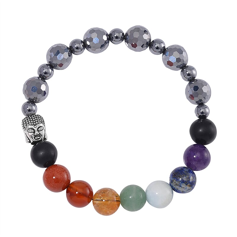 Seven Chakra 10mm Terahertz with Shungite 114.00 ctw Beaded Stretch Bracelet in Silvertone