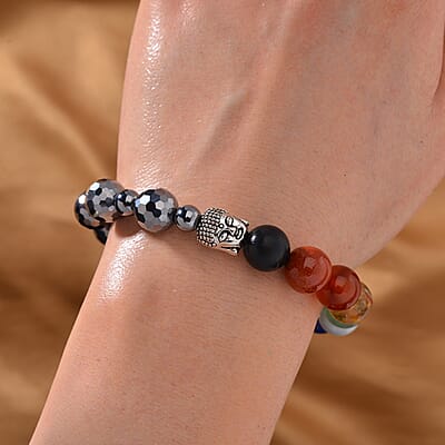 Seven Chakra 10mm Terahertz with Shungite 114.00 ctw Beaded Stretch Bracelet in Silvertone