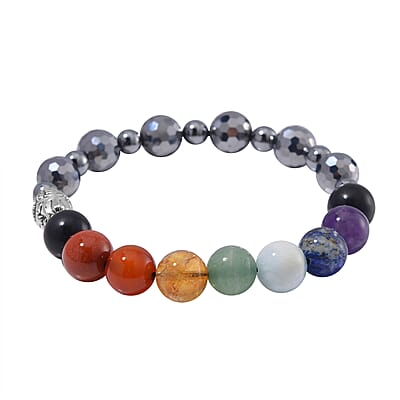 Seven Chakra 10mm Terahertz with Shungite 114.00 ctw Beaded Stretch Bracelet in Silvertone