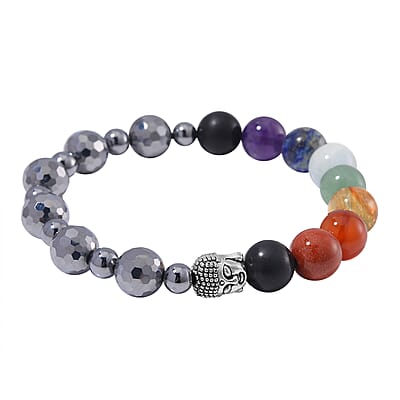 Seven Chakra 10mm Terahertz with Shungite 114.00 ctw Beaded Stretch Bracelet in Silvertone