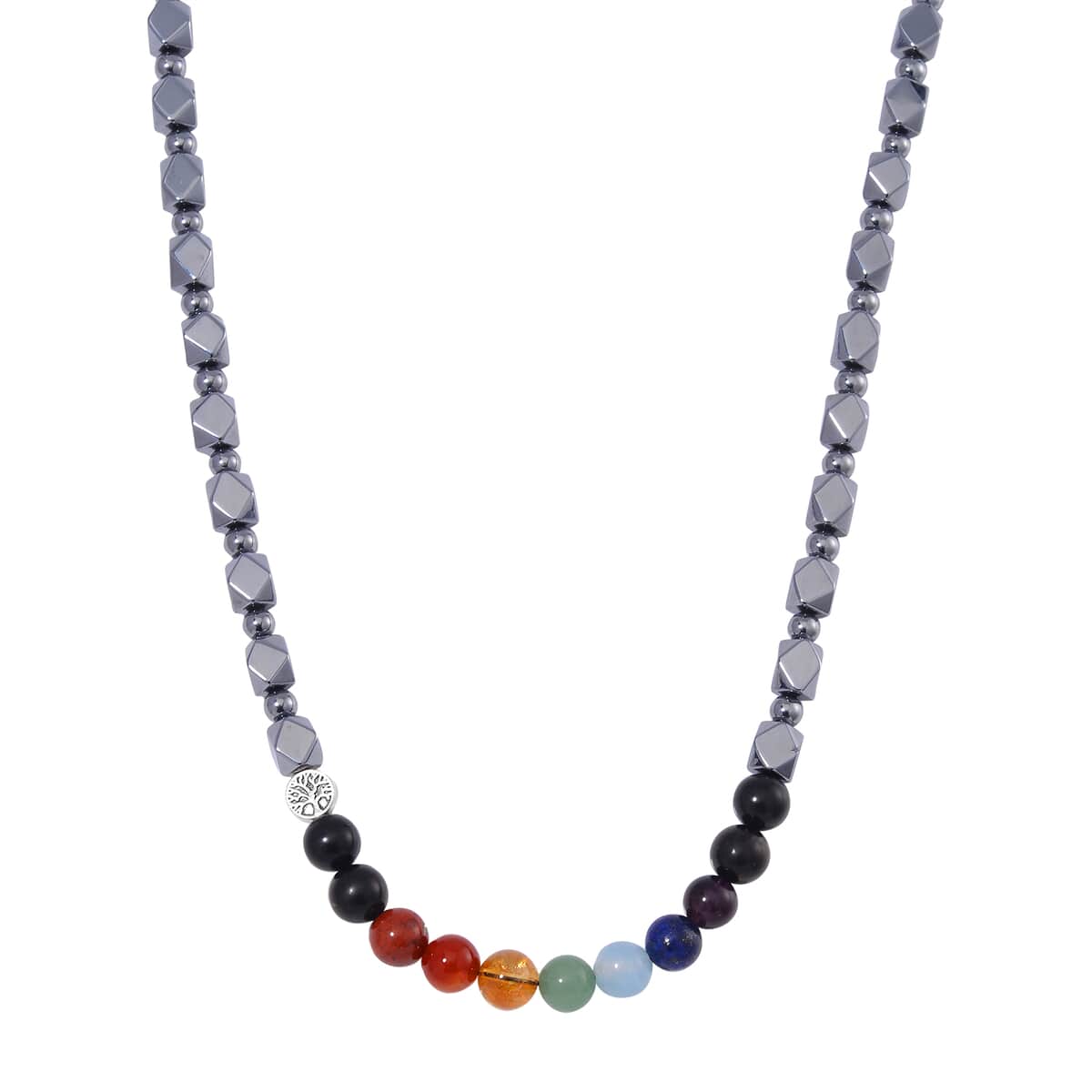 Seven Chakra 10mm Terahertz Fancy-Shaped Beaded Necklace with 2pcs Shungite Bead 260.00 ctw in Rhodium Over Sterling Silver and Silvertone 20 Inches image number 0