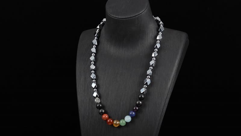 Seven Chakra 10mm Terahertz Fancy-Shaped Beaded Necklace with 2pcs Shungite Bead 260.00 ctw in Rhodium Over Sterling Silver and Silvertone 20 Inches