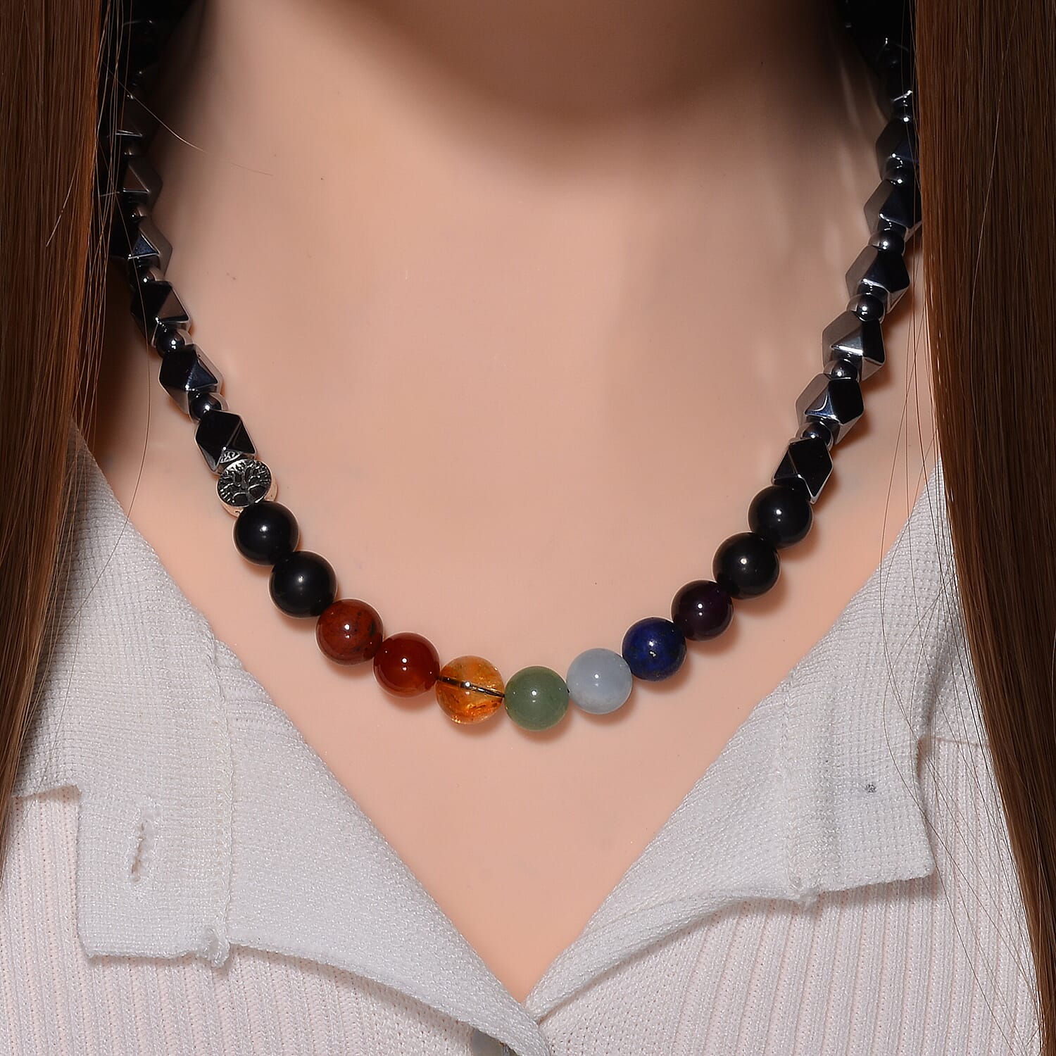 Seven Chakra 10mm Terahertz Fancy-Shaped Beaded Necklace with 2pcs Shungite Bead 260.00 ctw in Rhodium Over Sterling Silver and Silvertone 20 Inches