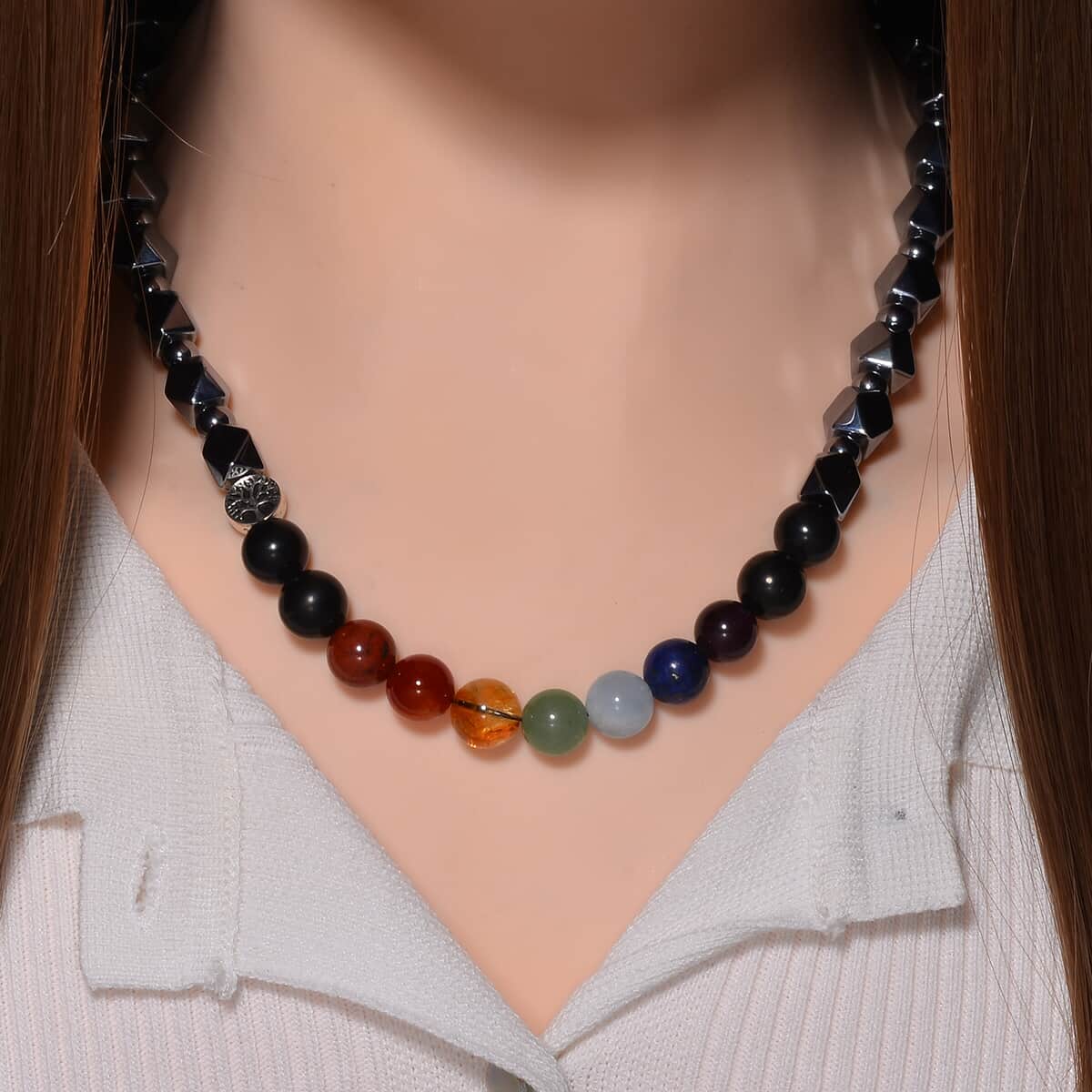 Seven Chakra 10mm Terahertz Fancy-Shaped Beaded Necklace with 2pcs Shungite Bead 260.00 ctw in Rhodium Over Sterling Silver and Silvertone 20 Inches image number 1