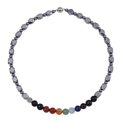 Seven Chakra 10mm Terahertz Fancy-Shaped Beaded Necklace with 2pcs Shungite Bead 260.00 ctw in Rhodium Over Sterling Silver and Silvertone 20 Inches