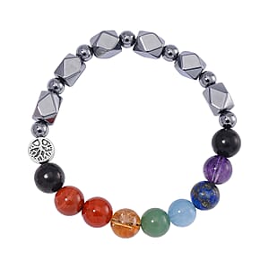 Seven Chakra 10mm Terahertz Fancy-Shaped with Shungite Beaded 110.00 ctw Stretch Bracelet in Silvertone