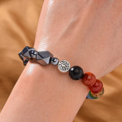 Seven Chakra 10mm Terahertz Fancy-Shaped with Shungite Beaded 110.00 ctw Stretch Bracelet in Silvertone