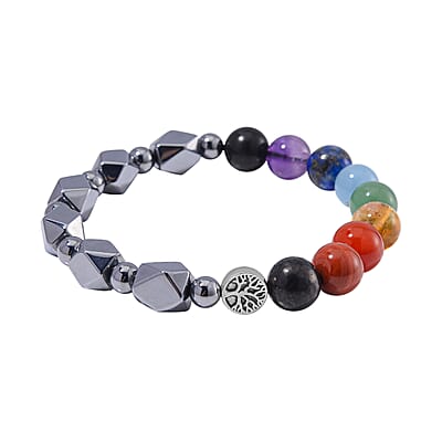 Seven Chakra 10mm Terahertz Fancy-Shaped with Shungite Beaded 110.00 ctw Stretch Bracelet in Silvertone