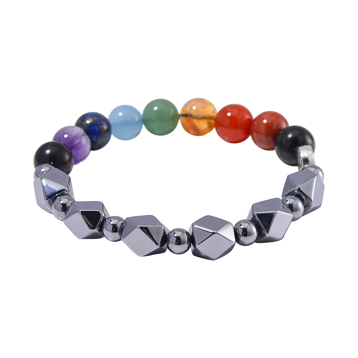 Seven Chakra 10mm Terahertz Fancy-Shaped with Shungite Beaded 110.00 ctw Stretch Bracelet in Silvertone