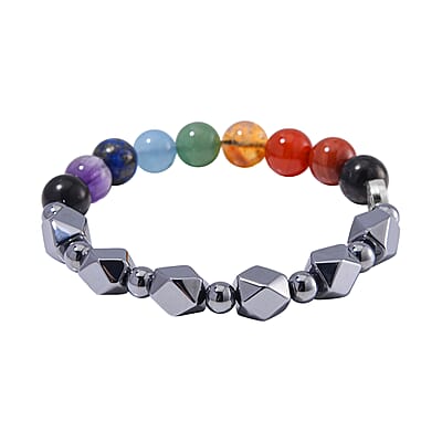 Seven Chakra 10mm Terahertz Fancy-Shaped with Shungite Beaded 110.00 ctw Stretch Bracelet in Silvertone