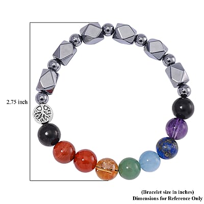 Seven Chakra 10mm Terahertz Fancy-Shaped with Shungite Beaded 110.00 ctw Stretch Bracelet in Silvertone