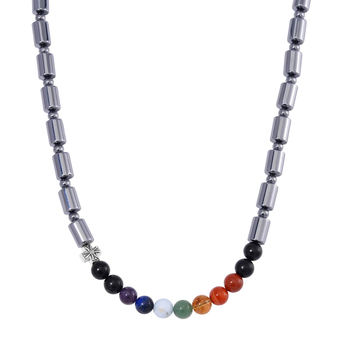 Seven Chakra Beaded 14x10mm Terahertz Fancy-Shaped Necklace with 2pcs Shungite Bead 340.00 ctw in Sterling Silver and Silvertone 20 Inches image number 0